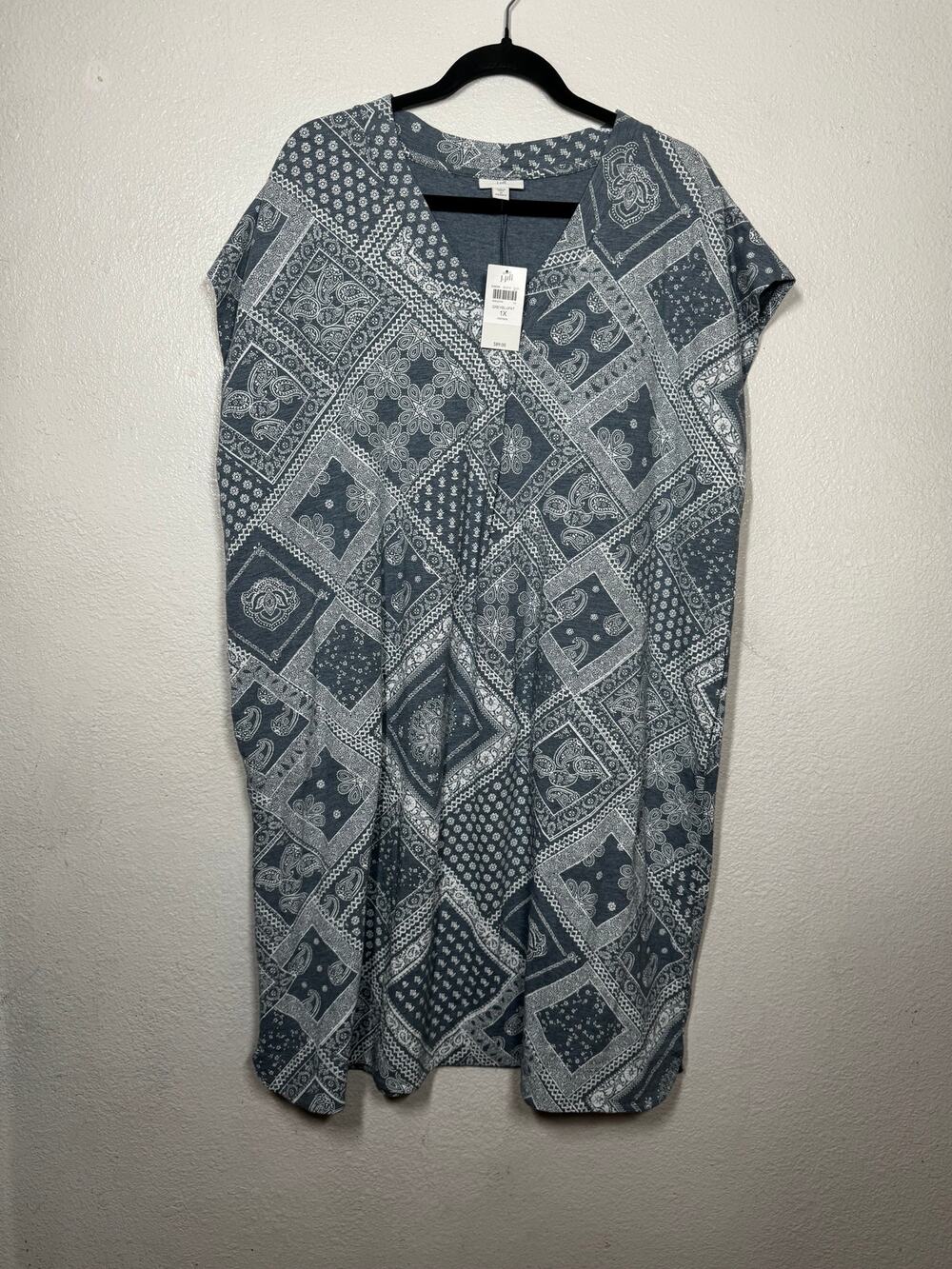 J. Jill Shift Dress Blue V-Neck Bandana Patchwork Pullover Short Sleeve Sz 1X